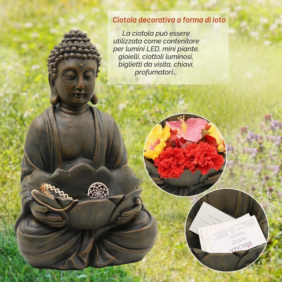 Yeomoo Statuetta di Buddha da meditazione, decorazione da giardino per esterni, Zen Buddha, decorazione da giardino, soggiorno, balcone, grande figura con ciottoli di loto e pietra di vetro, regalo