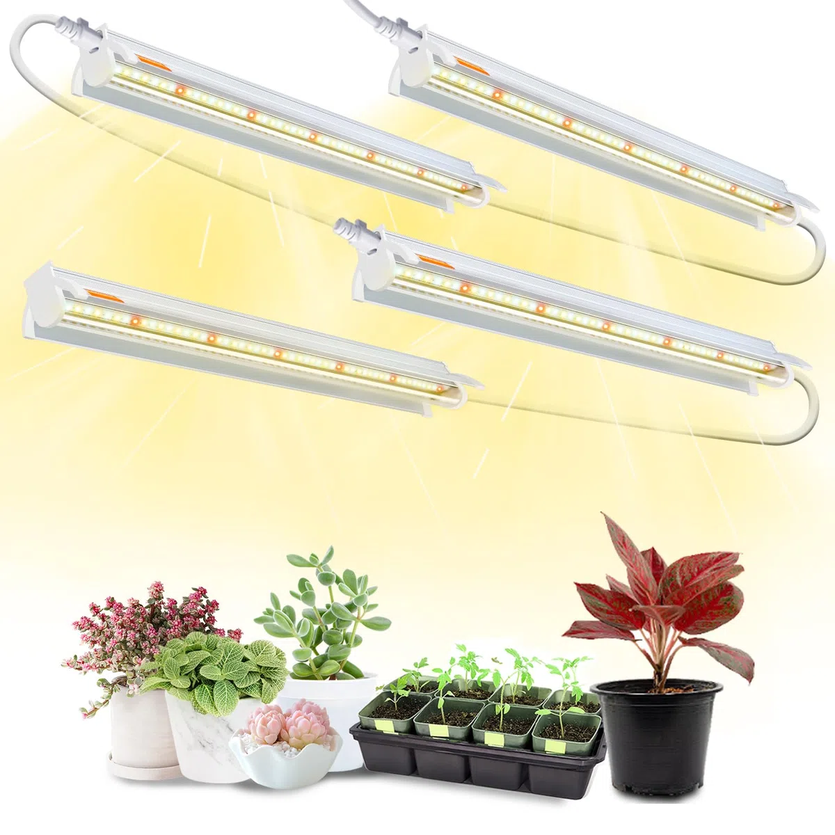 Lampade per Piante T5 da Interno, Confezione da 4Pack (42cm, 10W x 4) Luce LED a Spettro Completo con Riflettori per Piantine, Fascia Luminosa 4000K Bianca per Scaffali e Ripiani