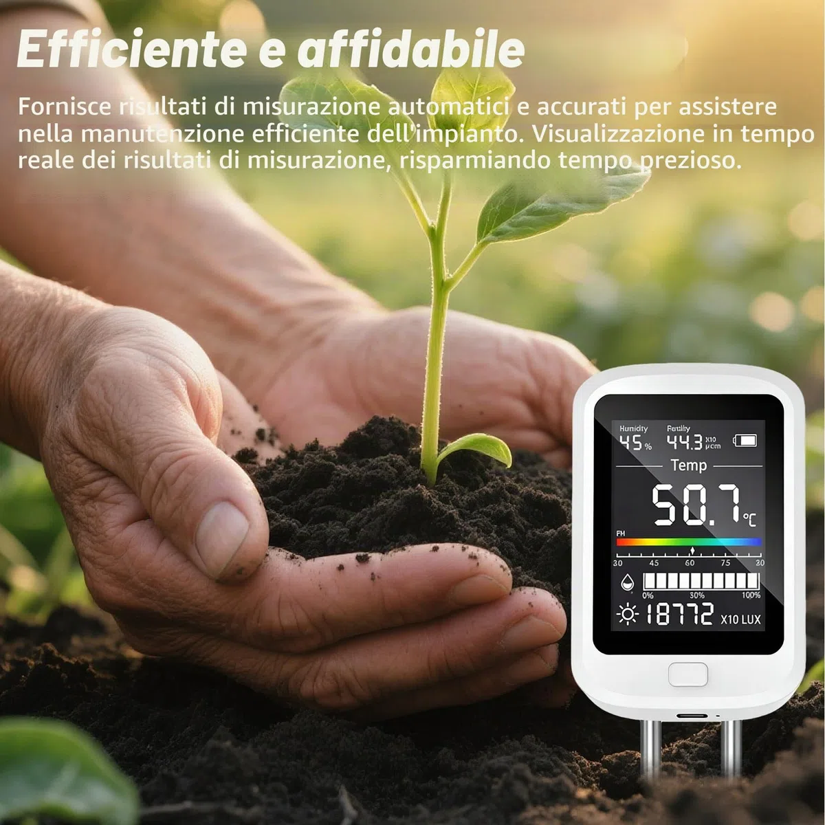 PORFOYO Tester PH Sol 6 in 1, tester di umidità e valore PH digitale con temperatura, luce, fertilità, display LCD per giardino, fattoria, prato e piante