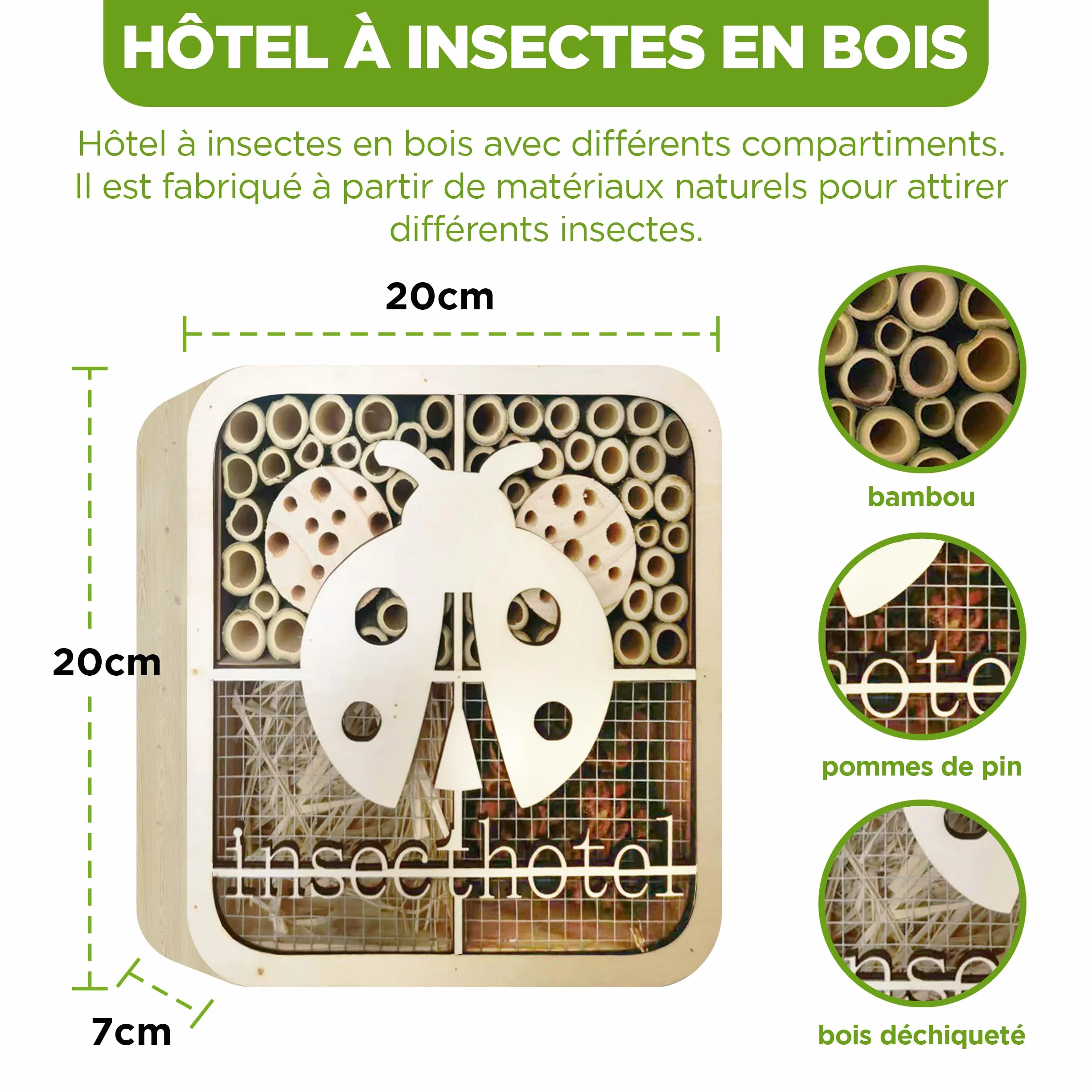 ISOTRONIC Hotel per insetti in legno naturale – Casetta per api, coccinelle e altri insetti – Hotel per api in bambù per giardino e balcone – Design moderno a nido d'ape (coccinella)