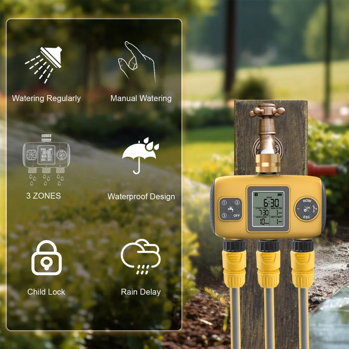 Timer per irrigatore a 3 uscite con ingresso in ottone, timer programmabile per tubo con ritardo pioggia e controller manuale di irrigazione automatica per cortile e prato