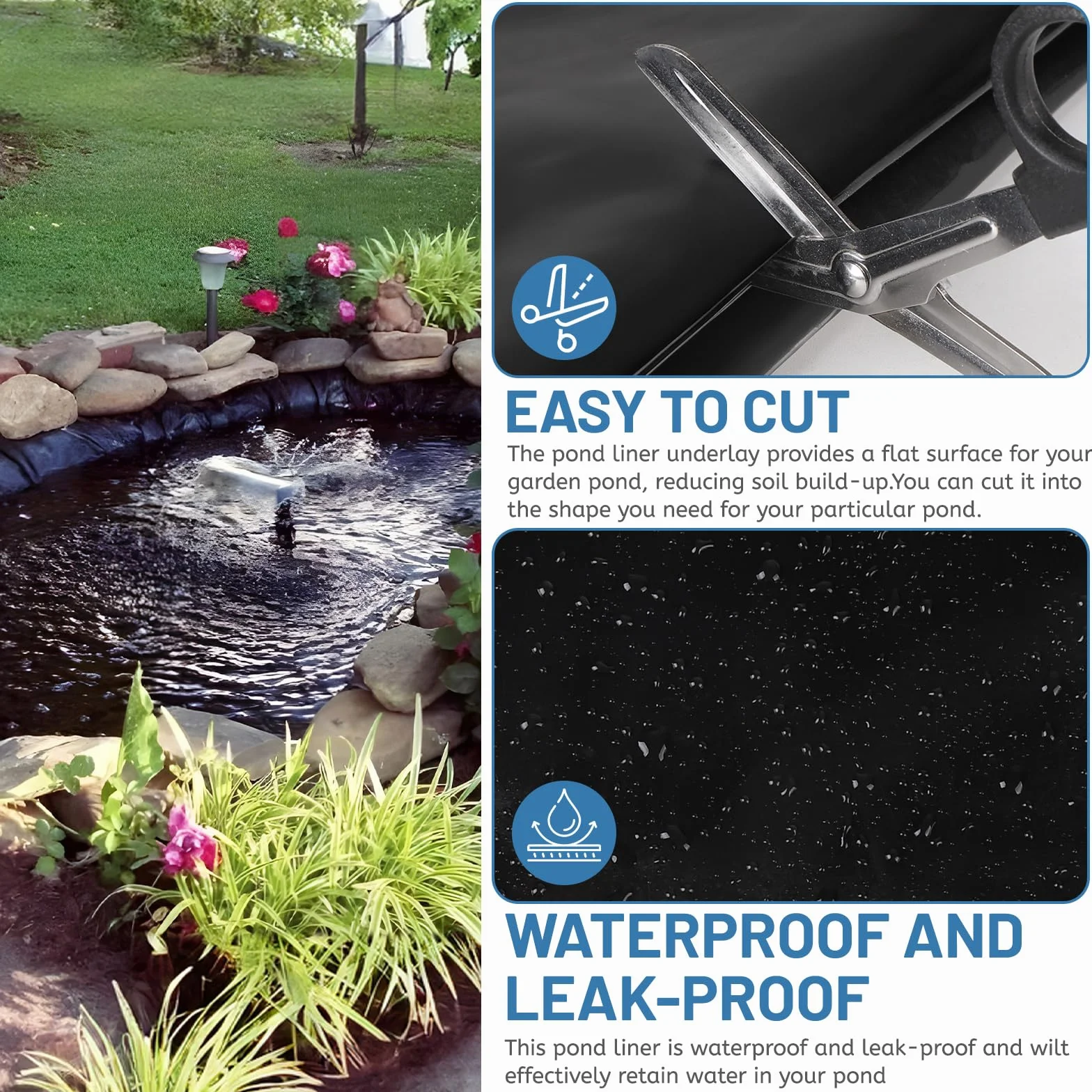 DBREAKS Pellicola per Laghetto in HDPE 3x3m, Nero, 0.5mm Spessore, Resistente ai UV, Flessibile per Giardino, Stagni, Fontane & Cascate