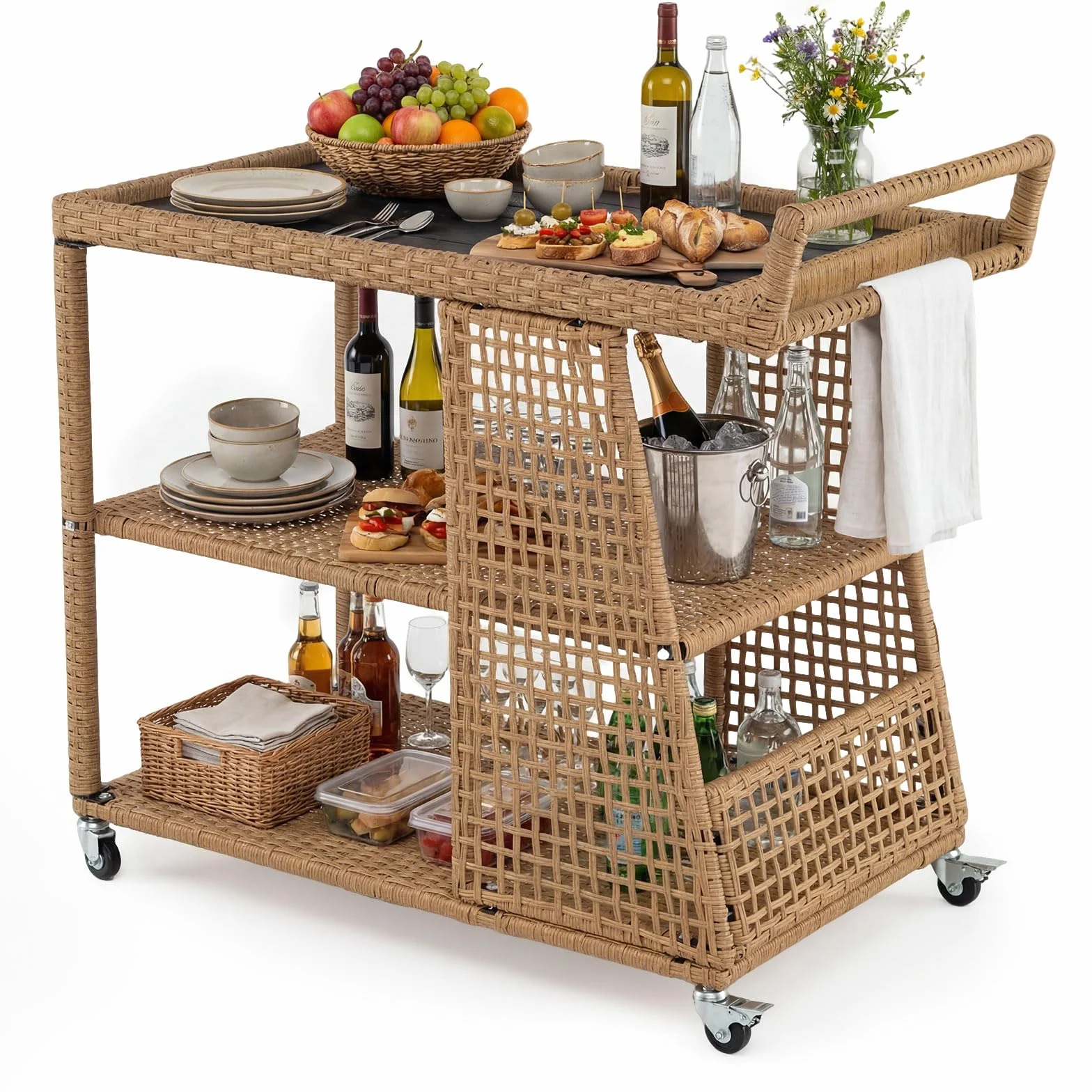 COSTWAY Carrello Bar da Esterno, Carrello Portavivande in Rattan con 4 Ruote, 3 Ripiani Aperto e Maniglia Laterale, Carrellino da Servizio per Cucina, Giardino e Bordo Piscina, 98 x 54 x 92 cm