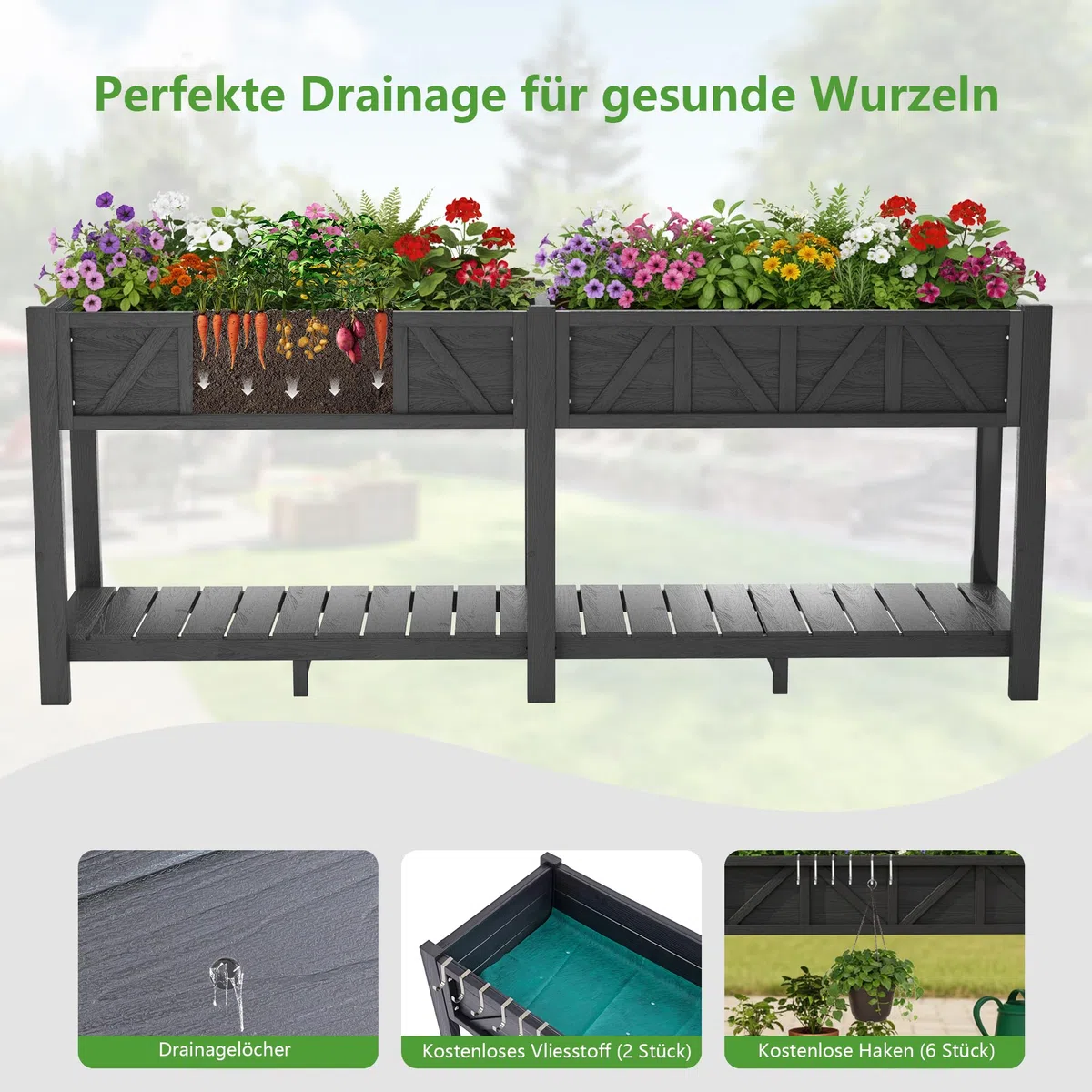 Orto Alto 183x44x73cm, Fioriera Esterna Elevata con Ripiano, Resistente alle Intemperie, 6 Ganci e 2 Fodere Non Tessute