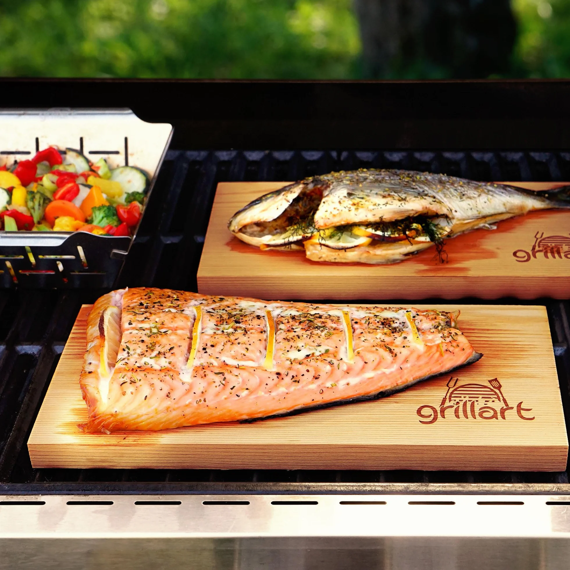 grillart Set di 2 tavole XL da 2 cm di spessore, in legno di cedro per grigliare, in legno di cedro rosso occidentale naturale al 100%, per un gusto speciale alla griglia