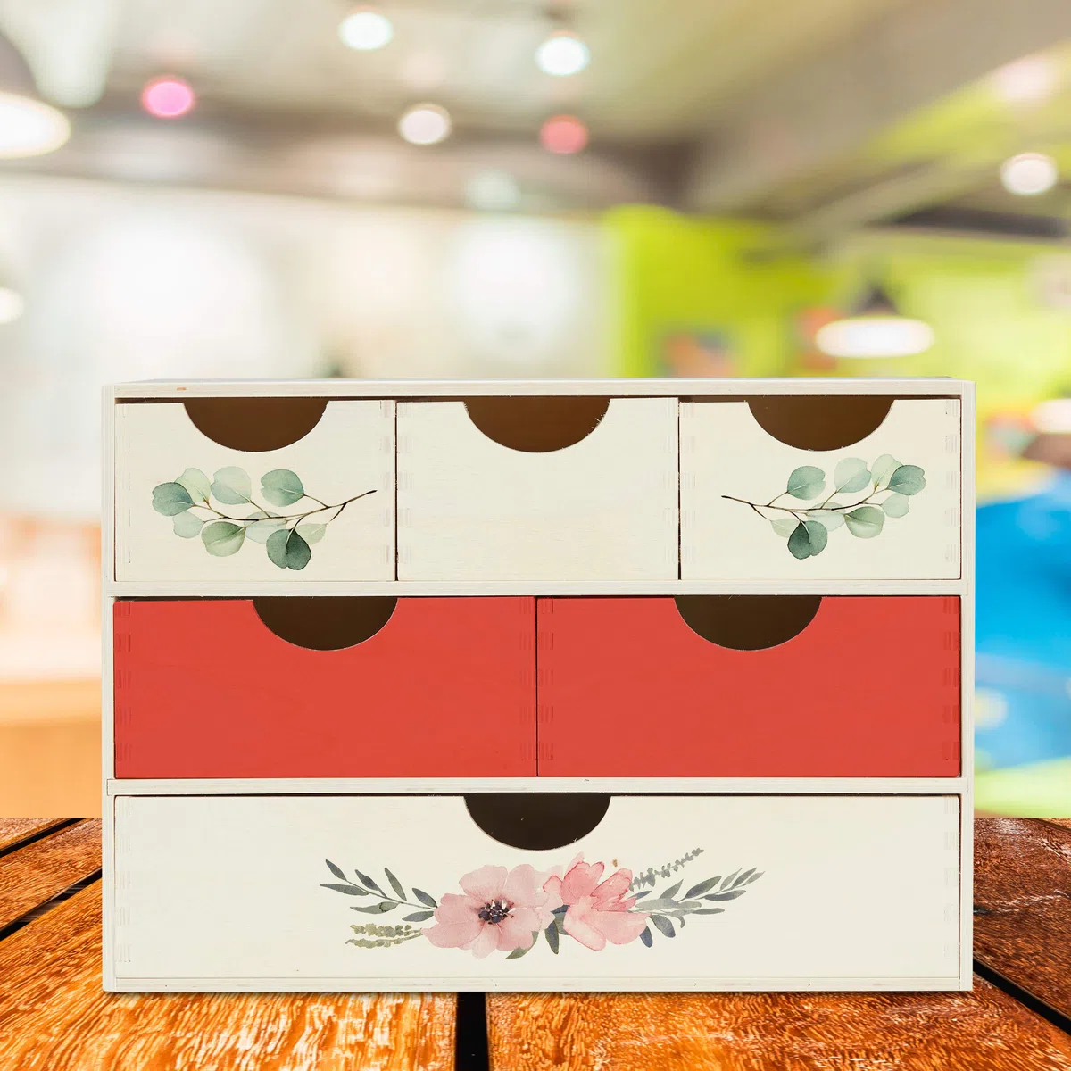 Relaxdays Portaoggetti da Scrivania con Cassetti, 28 x 40 x 20 cm, Mini Cassettiera in Legno con 6 Scomparti, Naturale