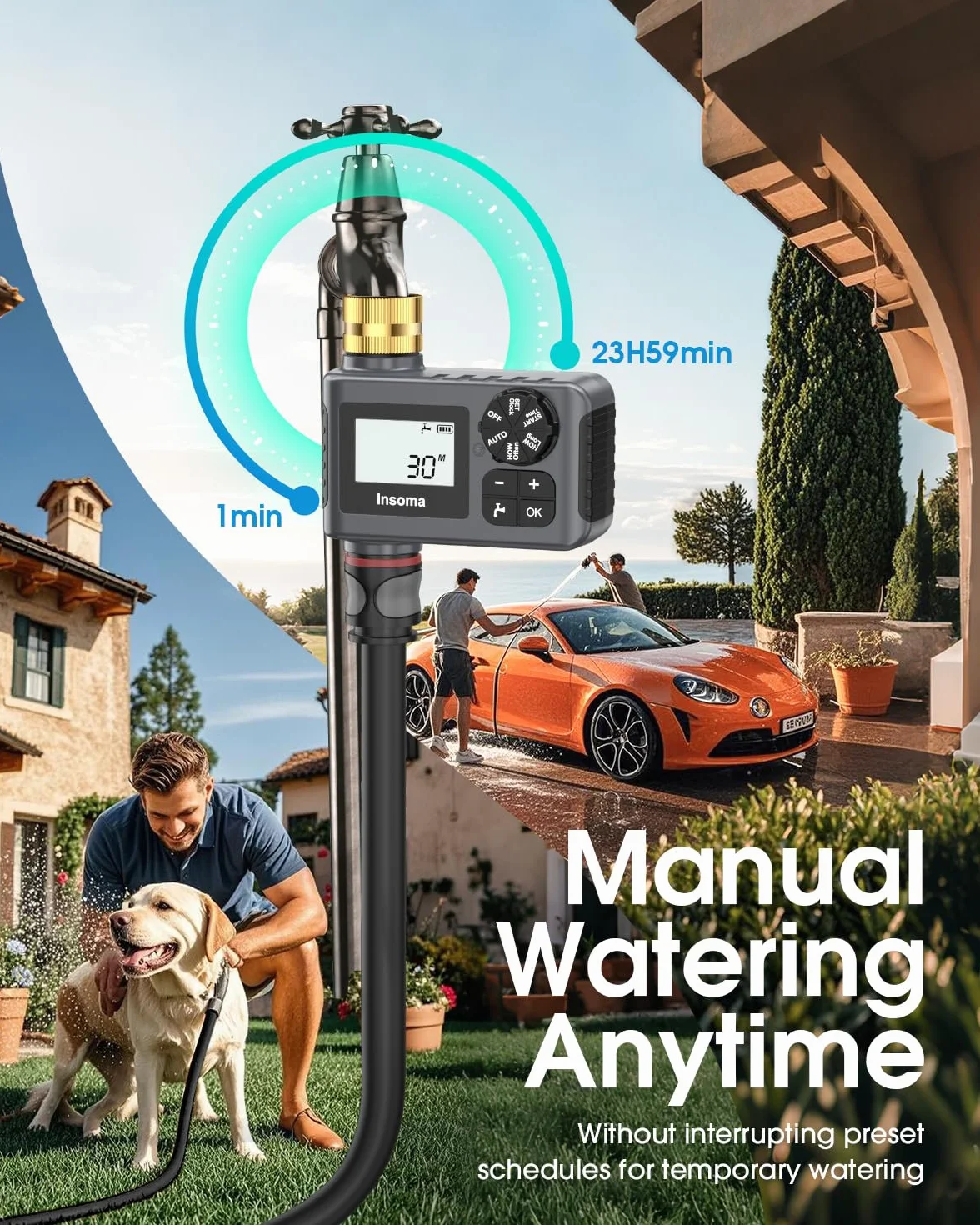 Timer dell'acqua per tubo da giardino esterno, timer per tubo flessibile con ritardo della pioggia/modalità manuale, sistema di controllo automatico per irrigazione a goccia per irrigazione da