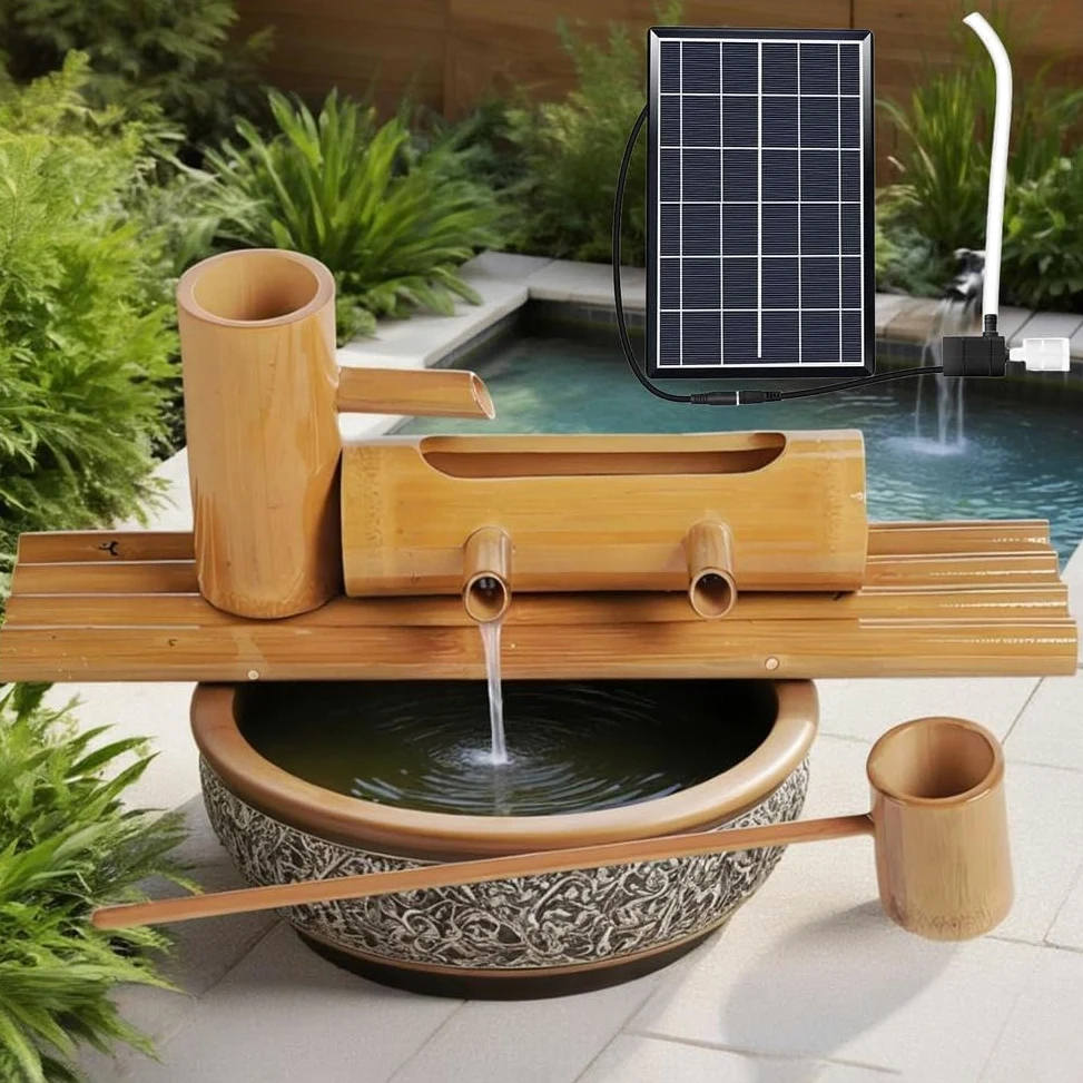 Kit fontana solare in bambù, pompa resistente agli urti da 50,8 cm, per giardino, stagno, piscina, vasca per uccelli, fontana ecologica per esterni