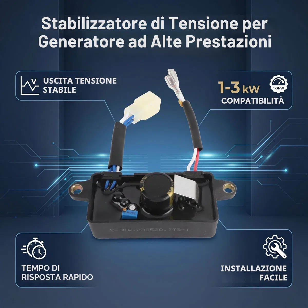 AVR - Regolatore di tensione universale per generatore da 1-3 kW e generatore di corrente, 2,8 KW, stabilizzatore automatico della tensione, 6 pin 10 cm, distanza tra i fori 220 μF 250 V (da -40 ℃ a +