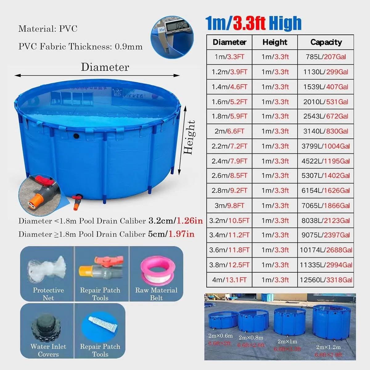 Piscina fuori terra, piscina rotonda esterna con telaio in acciaio, tela in PVC per allevamento ittico, può contenere fino a 498 galloni