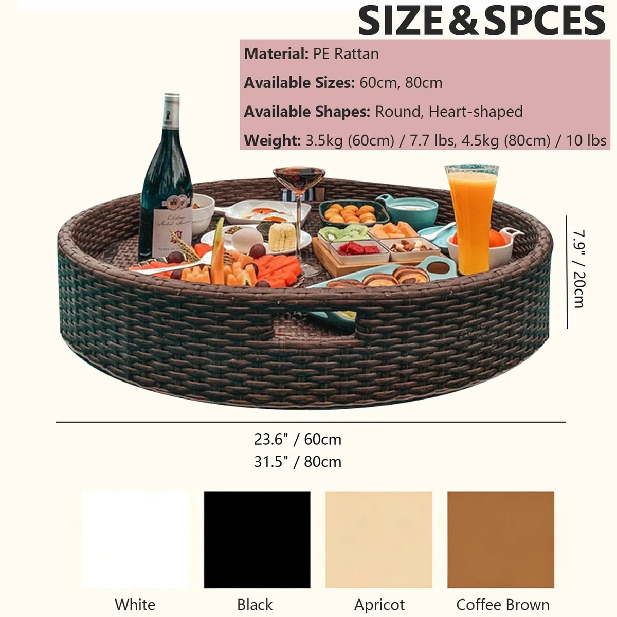 Vassoio galleggiante per piscina, tavolo da biliardo galleggiante in rattan, vassoio multifunzionale per servire cibo per piscine termali e feste estive in piscina, caffè, marrone a forma di cuore, 80