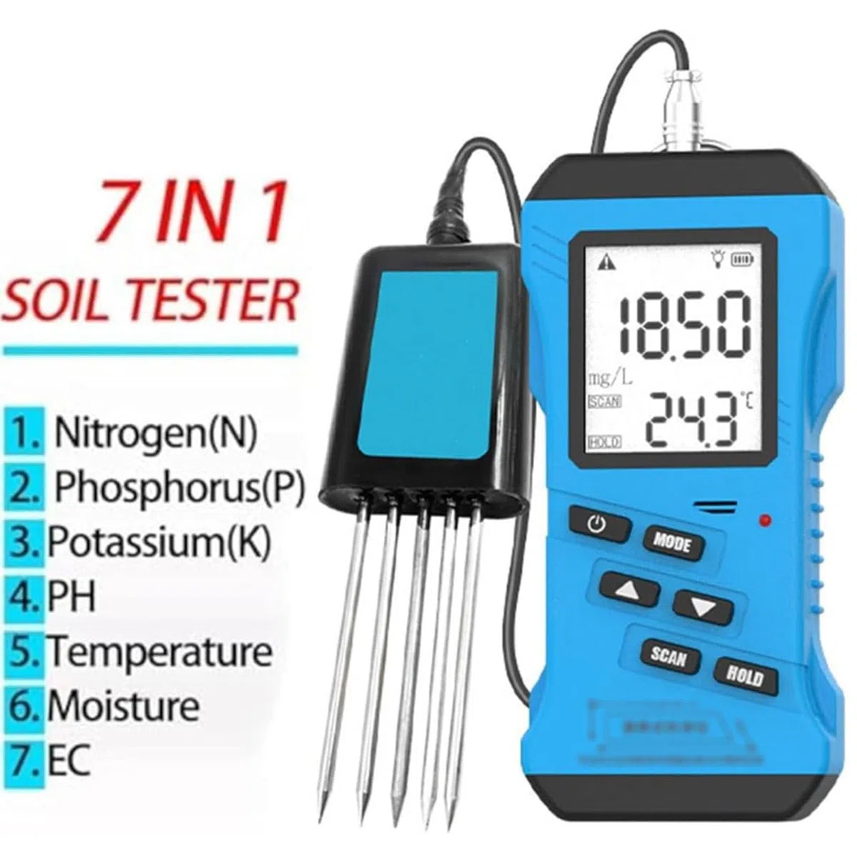 7 in 1 Tester del Suolo, Digitale ad Alta Precisione e Sensibile Test di Fertilità del Terreno, Temperatura umidità EC PH NPK Sensore, Affidabile e Preciso