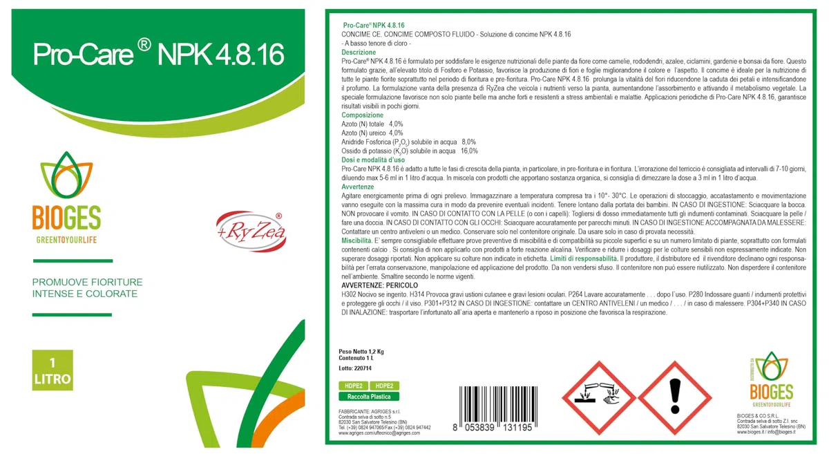 PRO Care NPK 4.8.16 da 1 LT- Bonsai- Concime Liquido NPK Ideale in Fase di fioritura e Pre-fioritura
