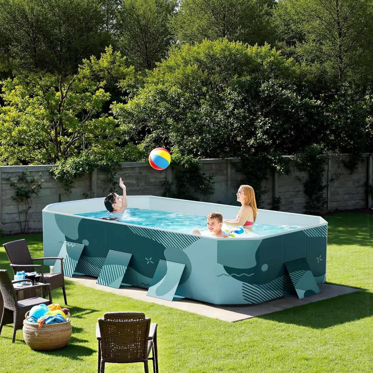 Piscina pieghevole, in plastica rigida, rettangolare, per adulti, non gonfiabile, per esterni, cortile