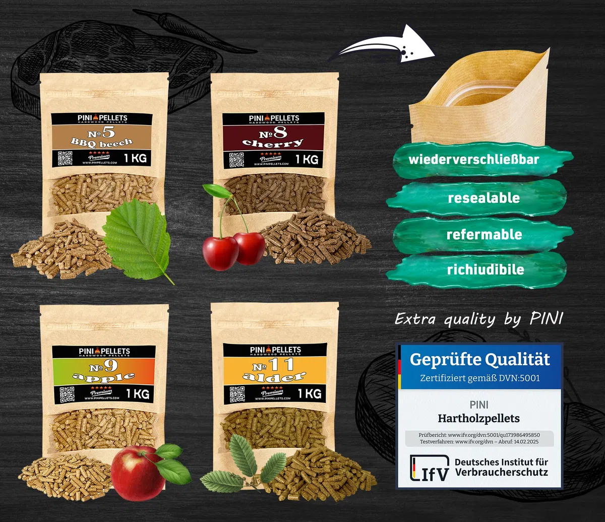 PINI Set di pellet in legno naturale, 4 x 1 kg, per affumicatore a scelta tra 4 varietà – pellet di faggio n. 5, pellet di ciliegia n. 8, pellet di mela n. 9, Erlenpellets Nr 11 – legno puro