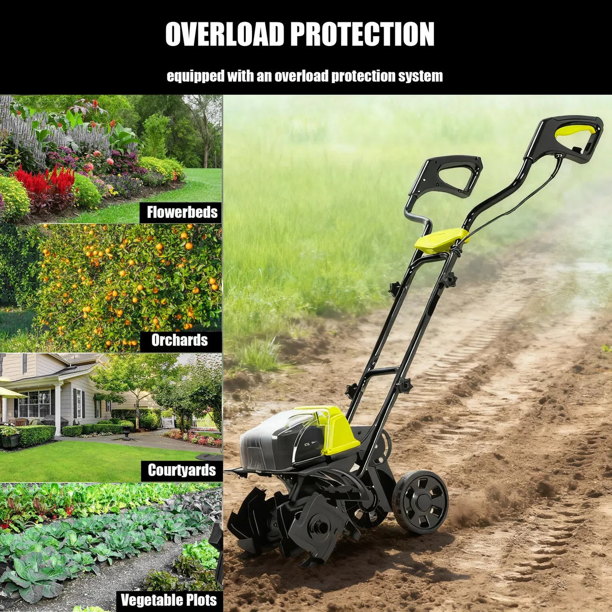 Motocoltivatore Elettrico da Giardino, Motozappa Elettrica a Batteria, Larghezza di Lavoro 35,6 Cm, profondità di Lavoro 18 Cm, con Doppio Interruttore di Sicurezza On/off