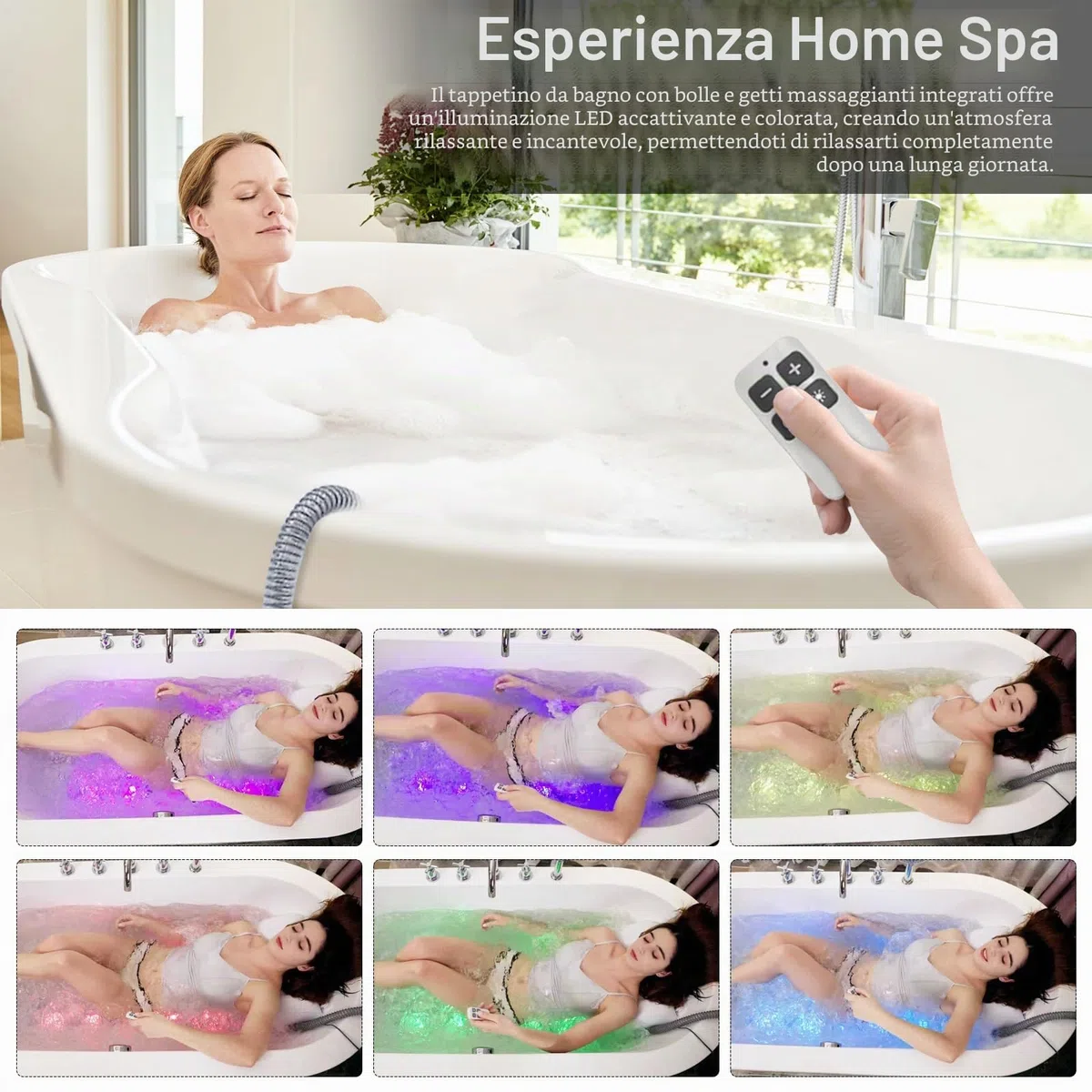 Idromassaggio per Vasca da Bagno, Tappetino Idromassaggio Tappetino SPA ad Aria con Illuminazione LED Multicolore 6 Livelli di Intensità 93 Ugelli e Cuscino Accessorio per Spa Domestica