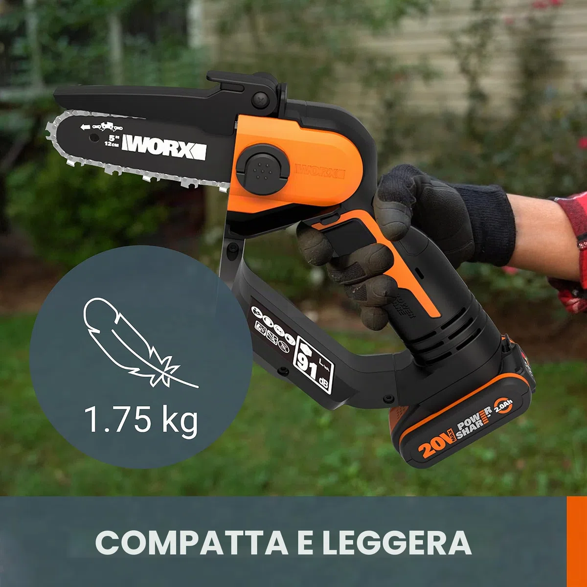 WORX WG324E.9 - Motosega compatta senza fili, 12 cm, 20 V, solo strumento, motore ad alta efficienza, design leggero e sicuro, senza batteria o caricabatterie