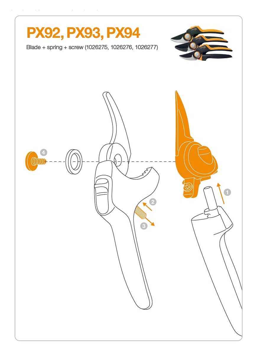 Fiskars Lama, molla e vite di ricambio originali per forbici con lame bypass Fiskars PowerGear X PX92, Arancione/Nero, 1026275