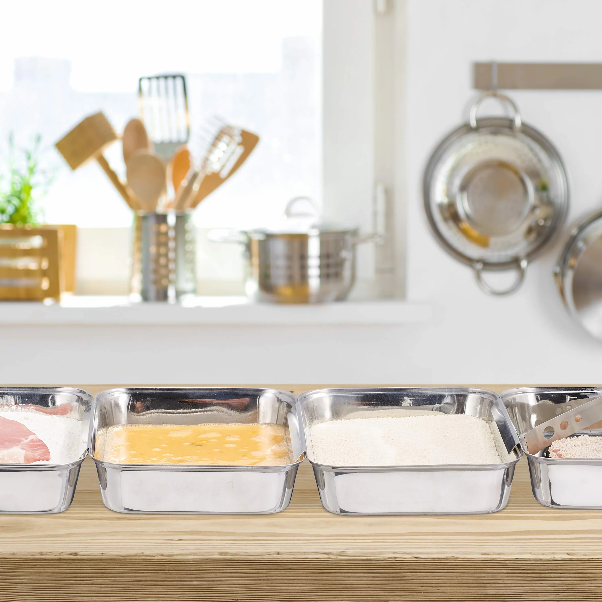 Relaxdays Teglie da Impanatura Acciaio Inox, Set da 4 Tegami per Cotolette, Impilabili, da Lavastoviglie, Argento