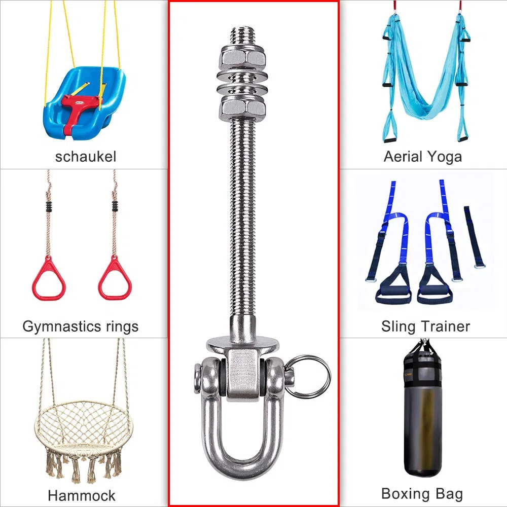 SELEWARE 180° Heavy Duty grucce oscillanti, capacità 800 kg, in acciaio inox permanente antiruggine 304, 14,5 cm legno e acciaio travi altalena set yoga amaca cair punzonatura, confezione da 4