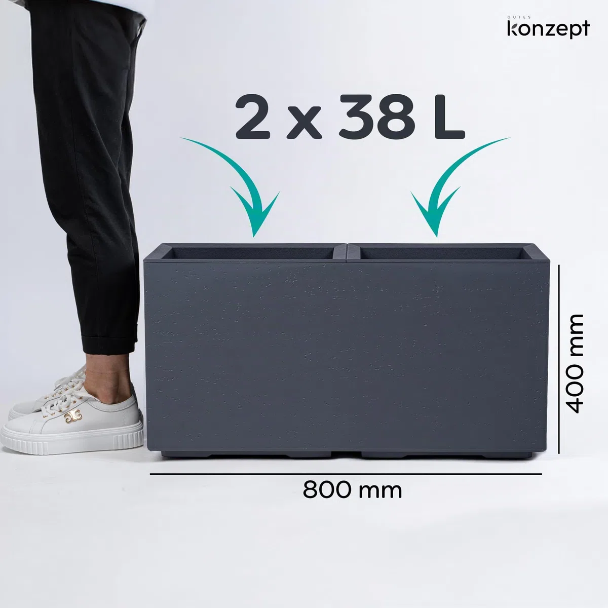 KONZEPT Vaso fioriera grande rettangolare da 40 x 80 x 40 cm con ruote, per interni ed esterni, quadrato, aspetto in cemento, in plastica, mobile, ideale per il giardino, la terrazza, il balcone e gli