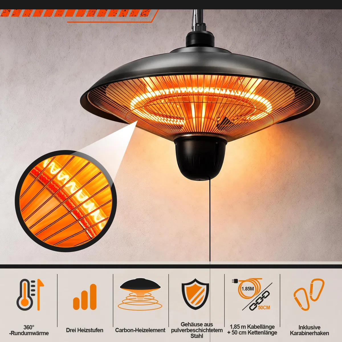 Stufa da esterni da 1800 W, per terrazza, sospesa, colore nero | Stufa elettrica da terrazza sospesa con 3 livelli di potenza, per terrazze, balconi e ambienti esterni coperti
