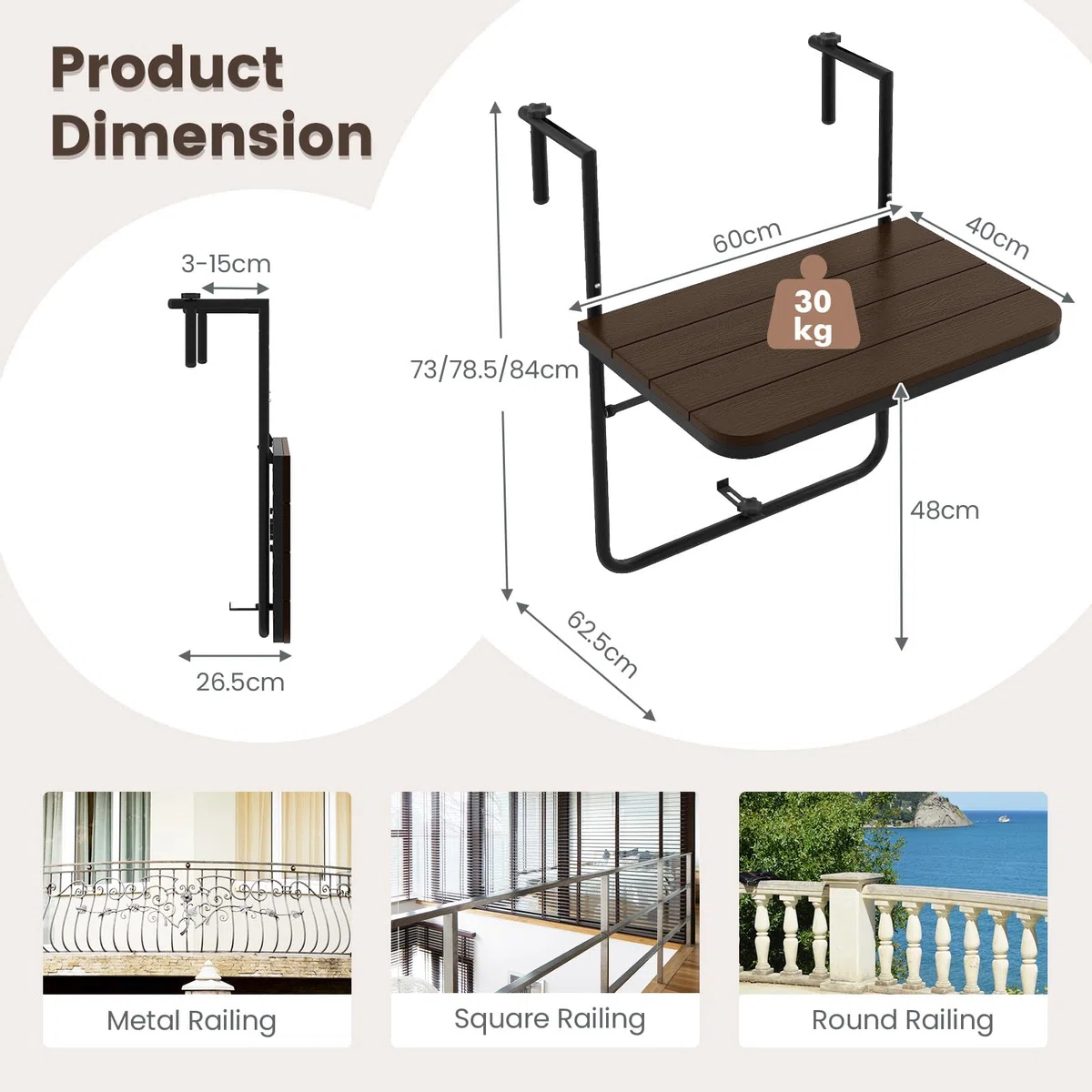 GIANTEX Tavolino Pieghevole da Balcone Nero/Marrone, Tavolo Tavolino da Ringhiera Salvaspazio Altezza Regolabile Struttura in Metallo, 72,5x64x60 cm (Marrone)