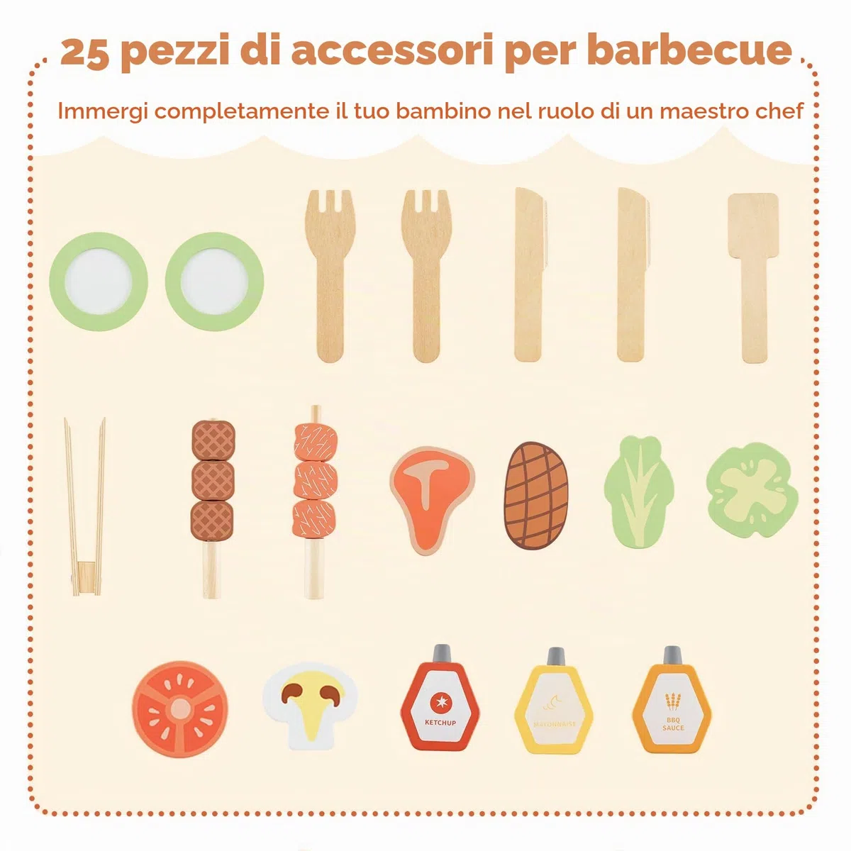 HOMASIS Cucina per Bambini da Esterno, Cucinetta da Gioco con Griglia, Lavagna e Lavello, Cucina Giocattolo con 27 Accessori per Bambini dai 3+ Anni in su, Naturale