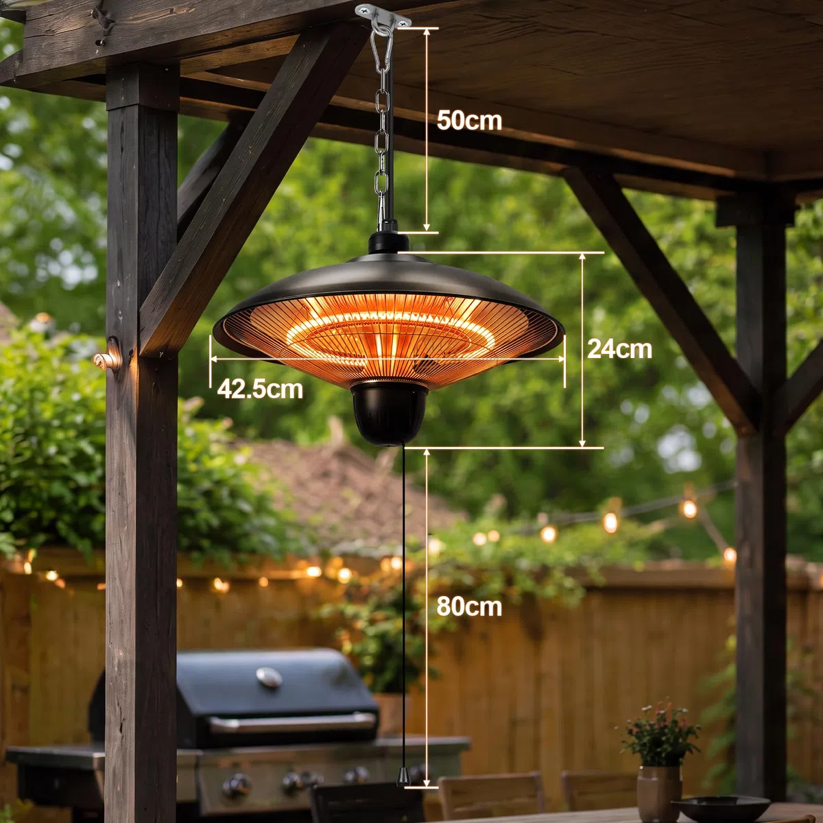 Stufa da esterni da 1800 W, per terrazza, sospesa, colore nero | Stufa elettrica da terrazza sospesa con 3 livelli di potenza, per terrazze, balconi e ambienti esterni coperti