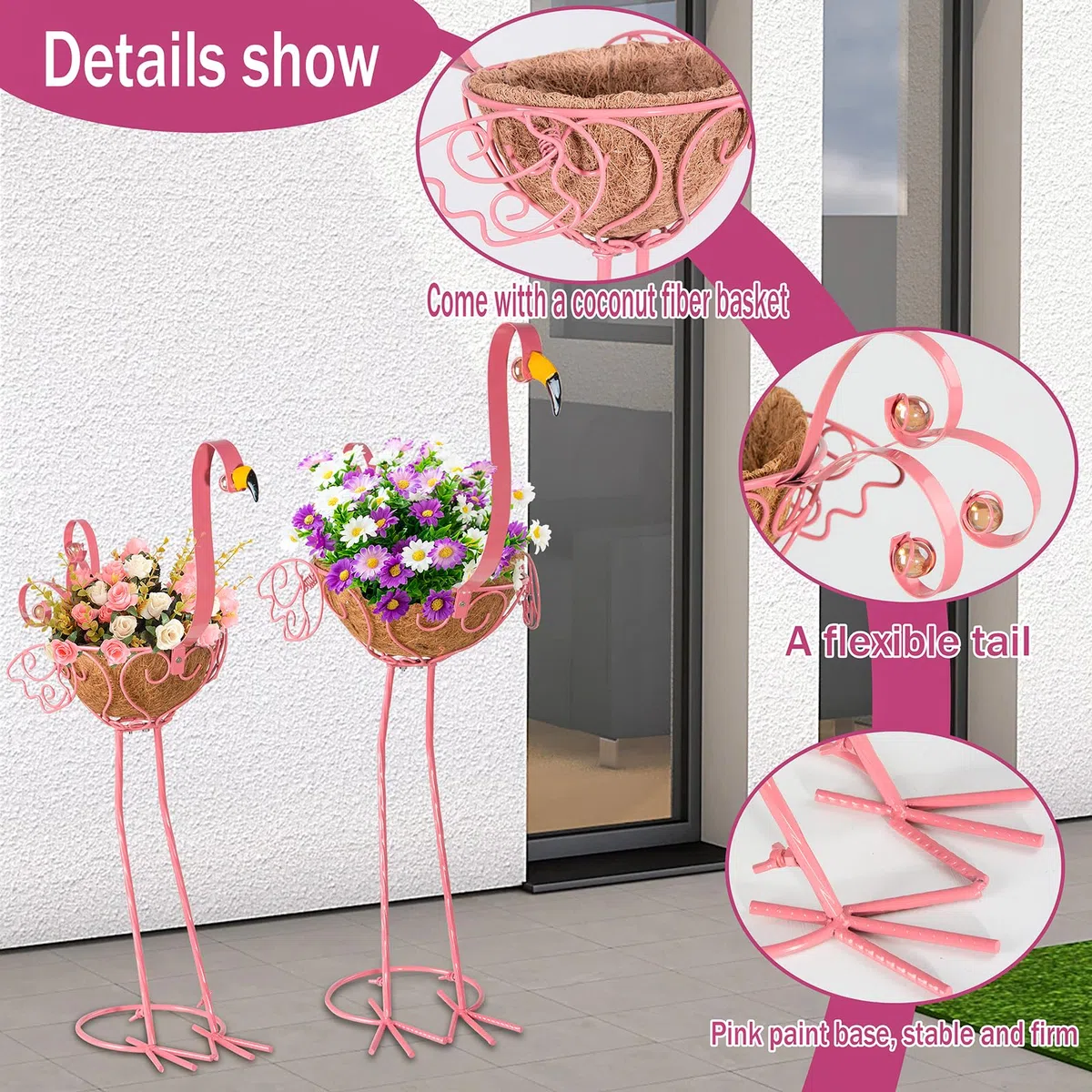 Fioriere in metallo a forma di fenicottero, set di 2 vasi rosa a forma di fenicottero per fiori e piante con cestino per decorazione di interni ed esterni giardino cortile terrazza veranda