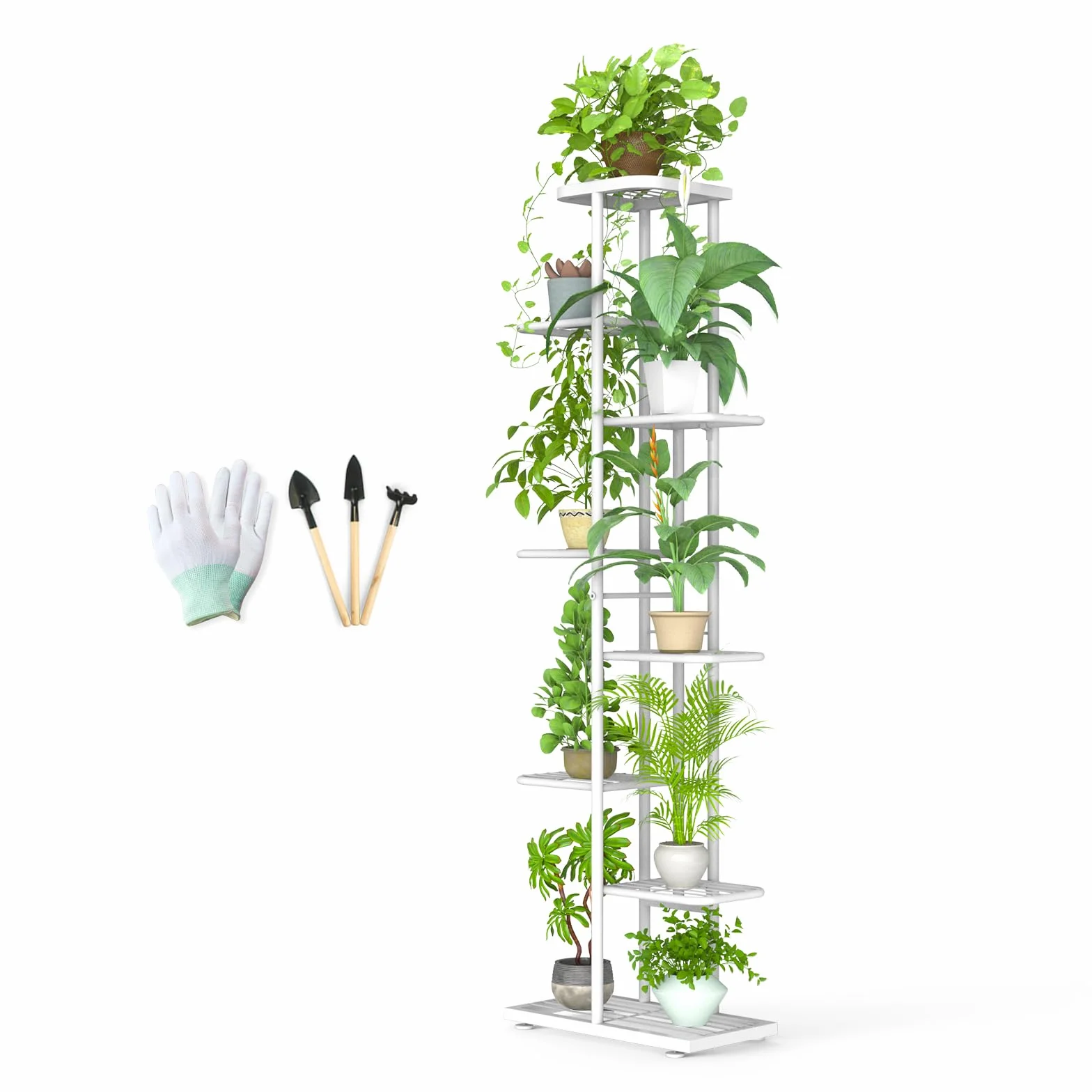8 Livelli Porta Piante da Interno Esterno con Attrezzi da Giardino e Guanti, 141cm Supporto per Piante Fioriera in Metallo Scaffale Angolare Piedistallo per Piante Vasi da Balcone, Bianco