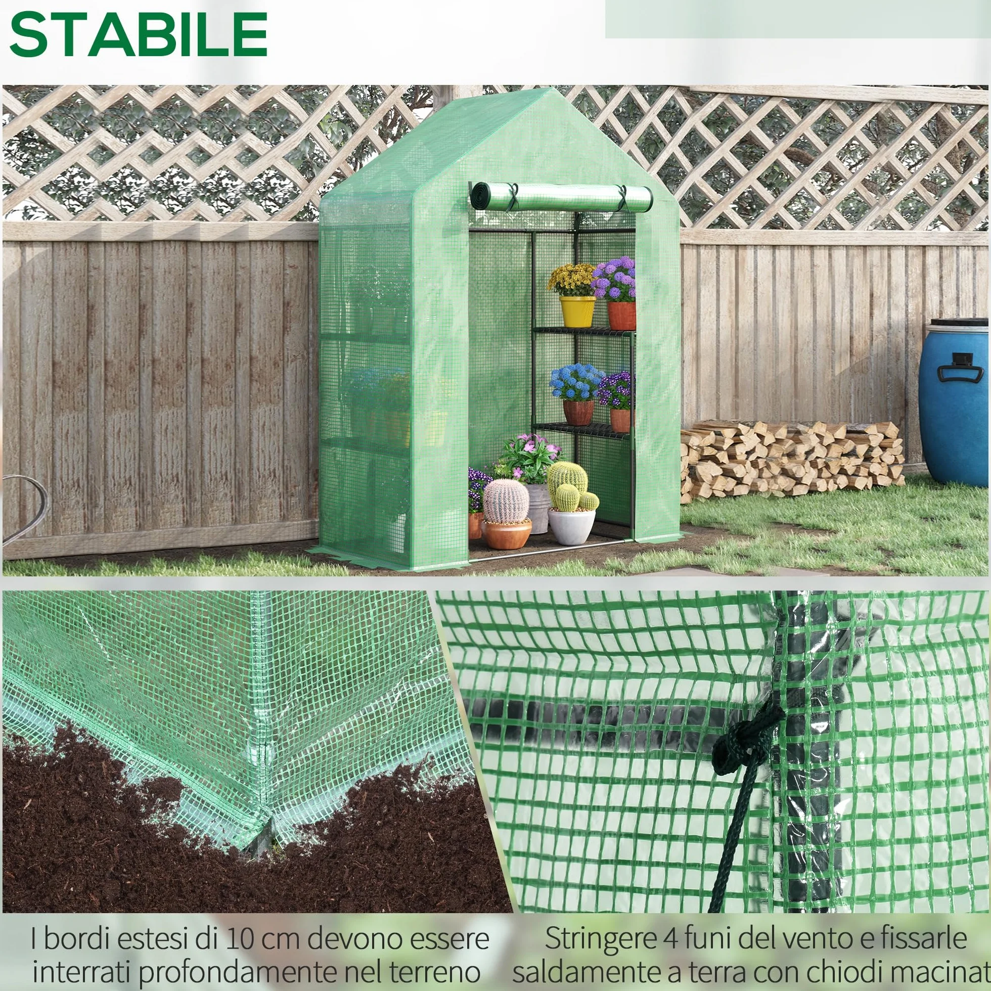 Outsunny Serra da Esterno con 4 Ripiani, Funi e Picchetti, in Acciaio e Plastica PE, 141x72x191 cm, Verde