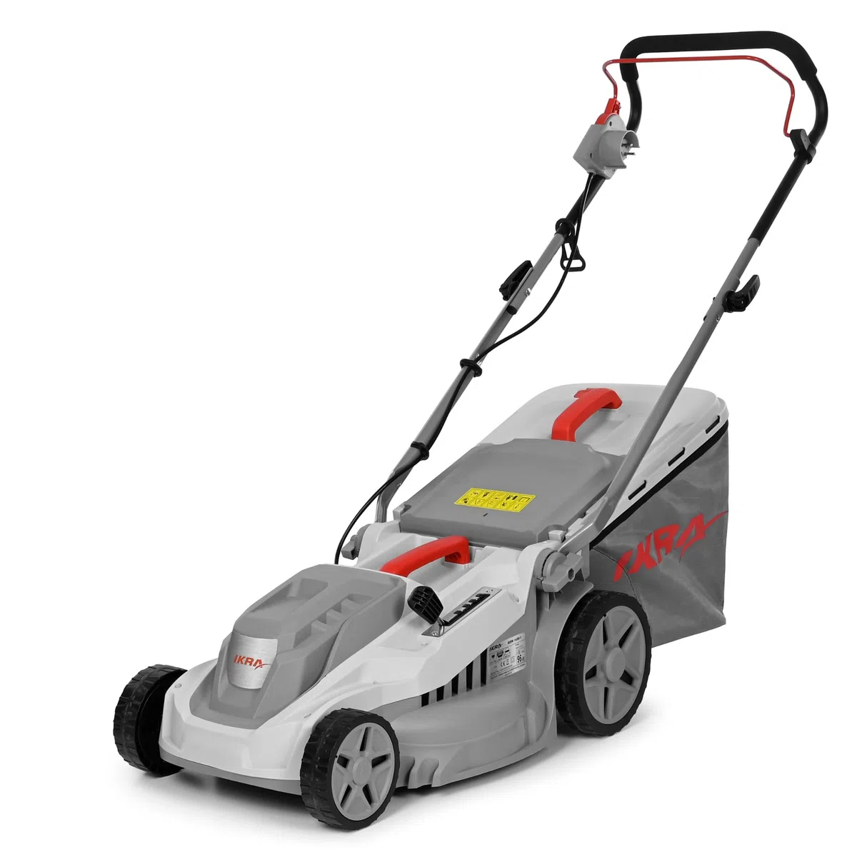 IKRA tosaerba elettrico IERM 1638-1, 1600 W, larghezza di taglio 38 cm | Altezza di taglio su 5 posizioni (30-75mm), manico regolabile in altezza, sacco 42l, kit mulching, lama in metallo temprato