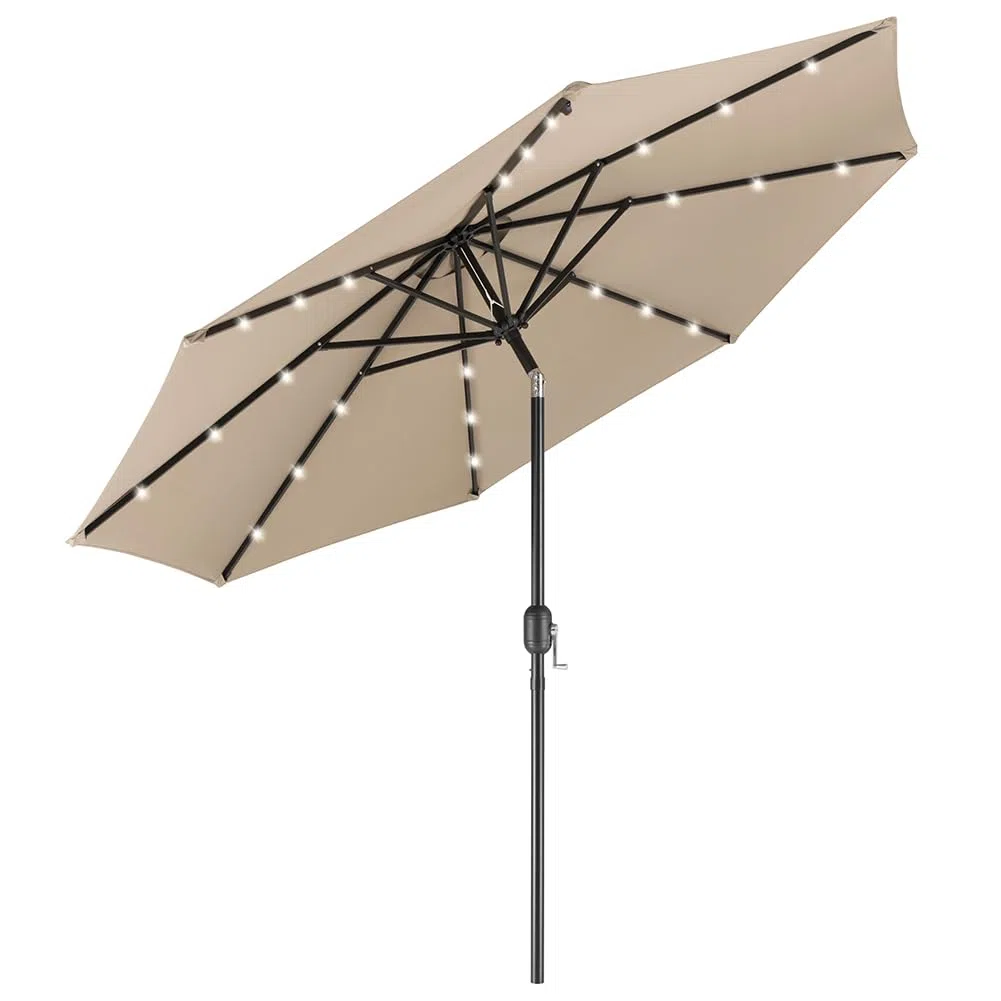 BAKAJI Ombrellone da Giardino Diametro 270 cm con Luci Led e Sistema Antivento, Parasole da Esterno con 8 Ribs Stecche, Airvent, Ideale per Bar, Ristorante, Patio, Balcone, Apertura Manovella