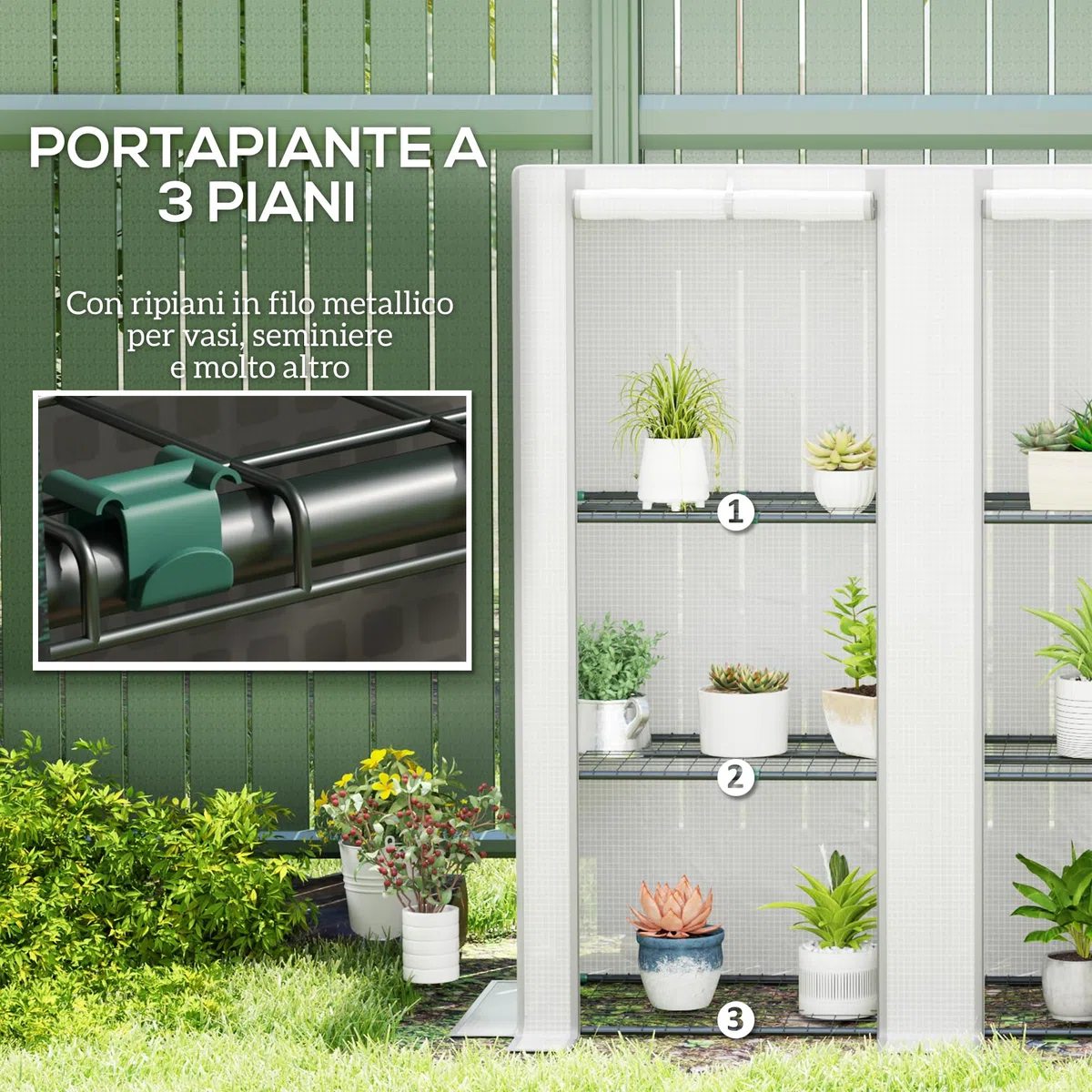 Outsunny Serra da Giardino con 2 Porte Avvolgibili, Scaffale a 3 Ripiani e Tasche Laterali, Serra per Orto, Struttura Acciaio e Copertura PE, per Piante Verdure Fiori Frutta, Anti UV, Bianco e Grigio