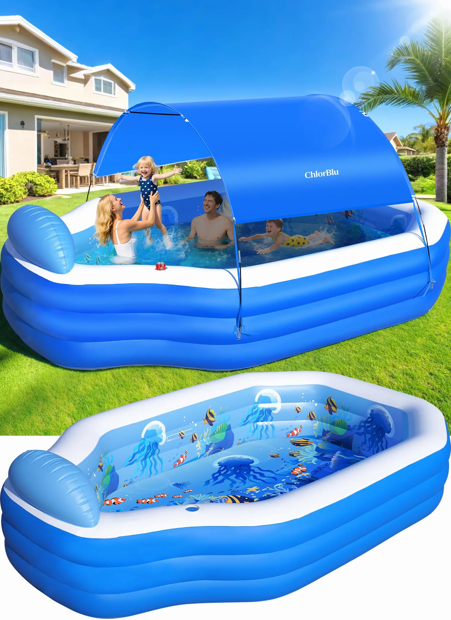 ChlorBlu Piscina Gonfiabile Grande con Tettoia, 300x190x55cm Piscina Gonfiabile per Adulti, Piscine Gonfiabili Familiari Resistenti e Rinforzate con Sedili, Piscina Familiare per Giardino Esterno