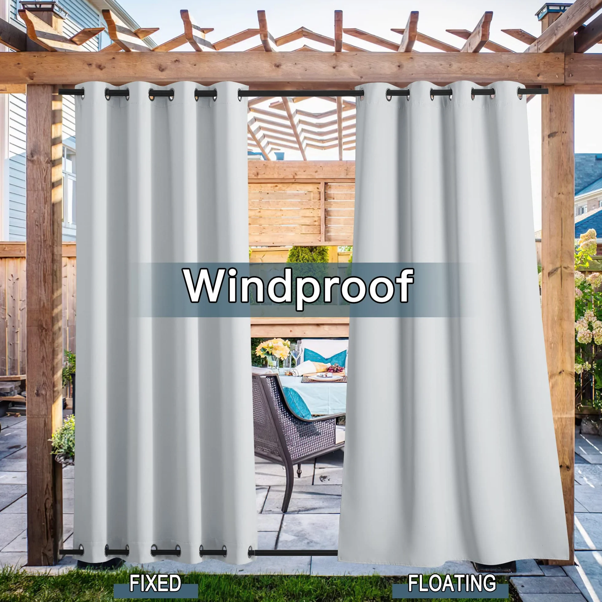 PONY DANCE Tende da Esterno Impermeabile Tende da Sole per Balconi e Gazebo con Anelli (Superiore & Inferiore) Anti-UV Blackout Curtains 2 Pezzi L132 x A243 CM, Bianche Grigio