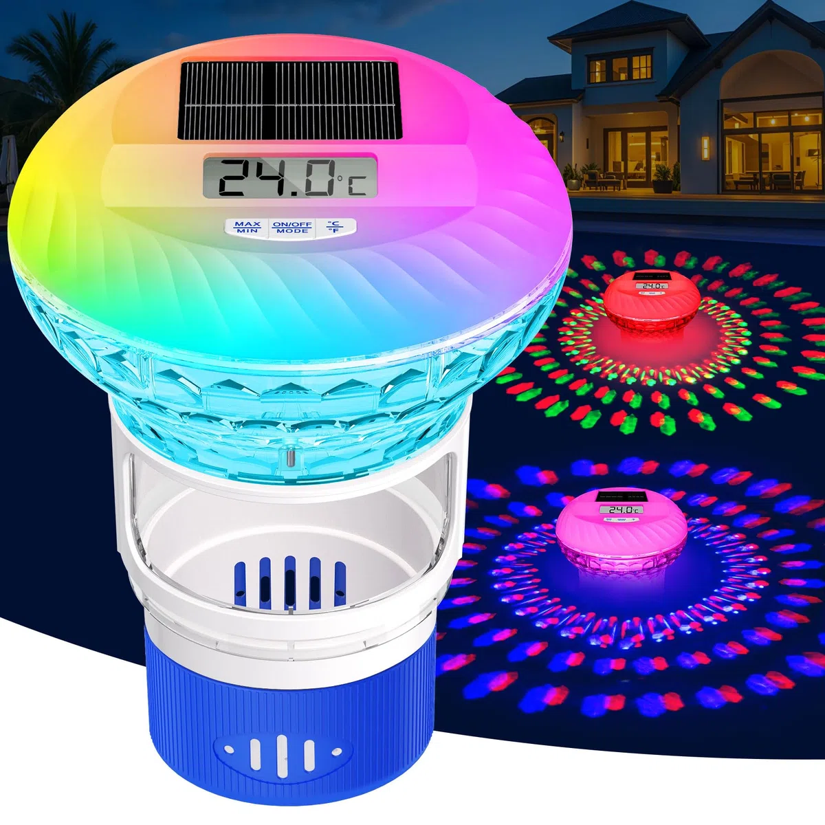 KingSom Dispenser Cloro Piscina con Termometro Digitale,Dispenser Galleggiante di Clore con Luci Colorate,Pulsante di Controllo Dosatore Cloro Piscina,Sblocco Regolabile Galleggiante Dosatore Piscina