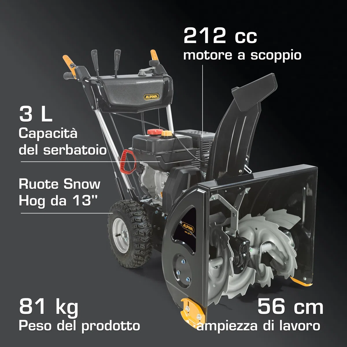 Alpina AS 56 P Spazzaneve a Scoppio, 212 cc, 56 cm – Sistema Doppio Stadio, 5 Marce Avanzamento + 2 Retromarcia – Per Vialetti e Aree Medio-Grandi