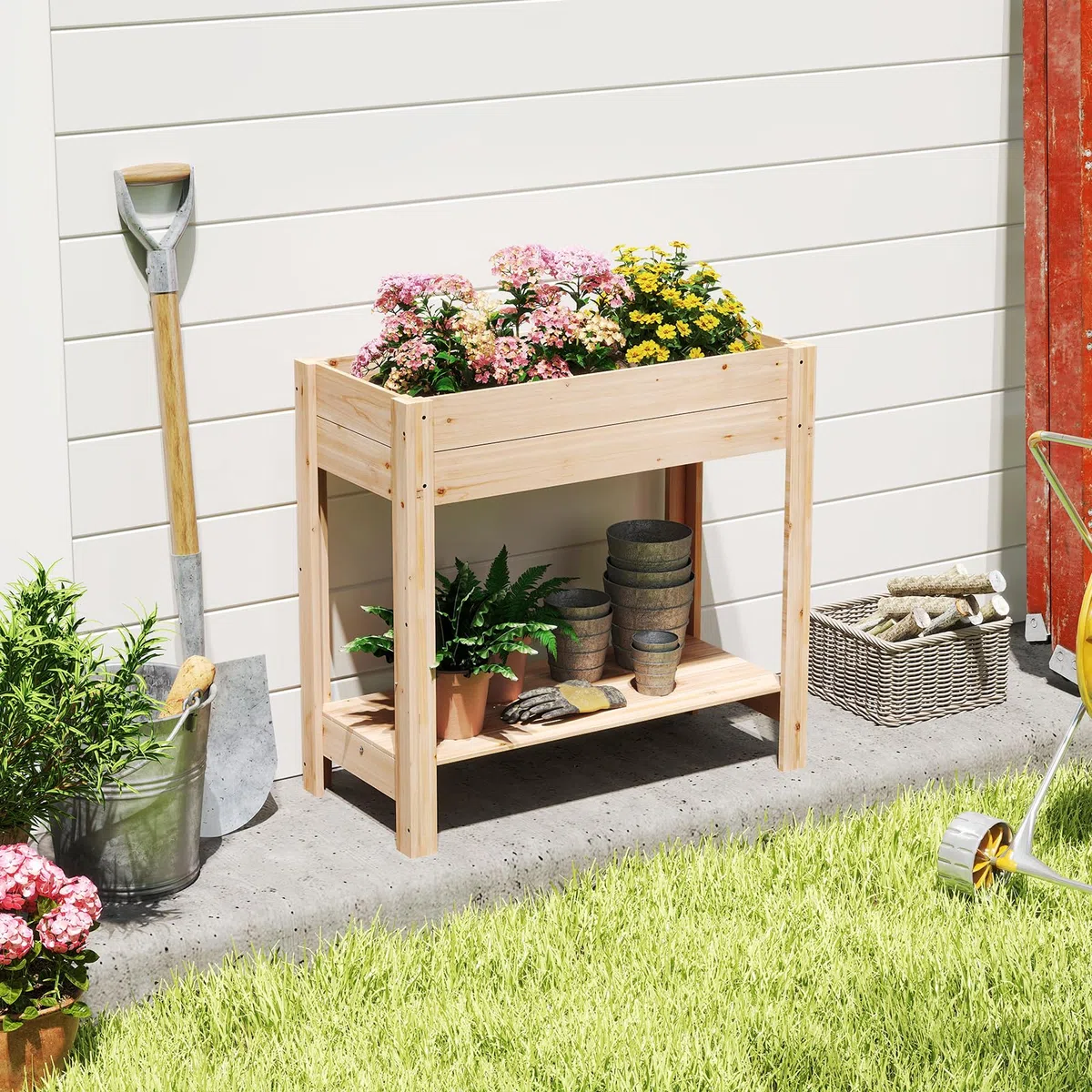 HOMASIS Fioriera Rialzata da Esterno in Legno di Abete, Orto Rialzato con Fori di Drenaggio, Letto da Giardino per Piante, Fiori, Erbe (con Ripiano, Naturale, 81 x 38 x 77 cm)