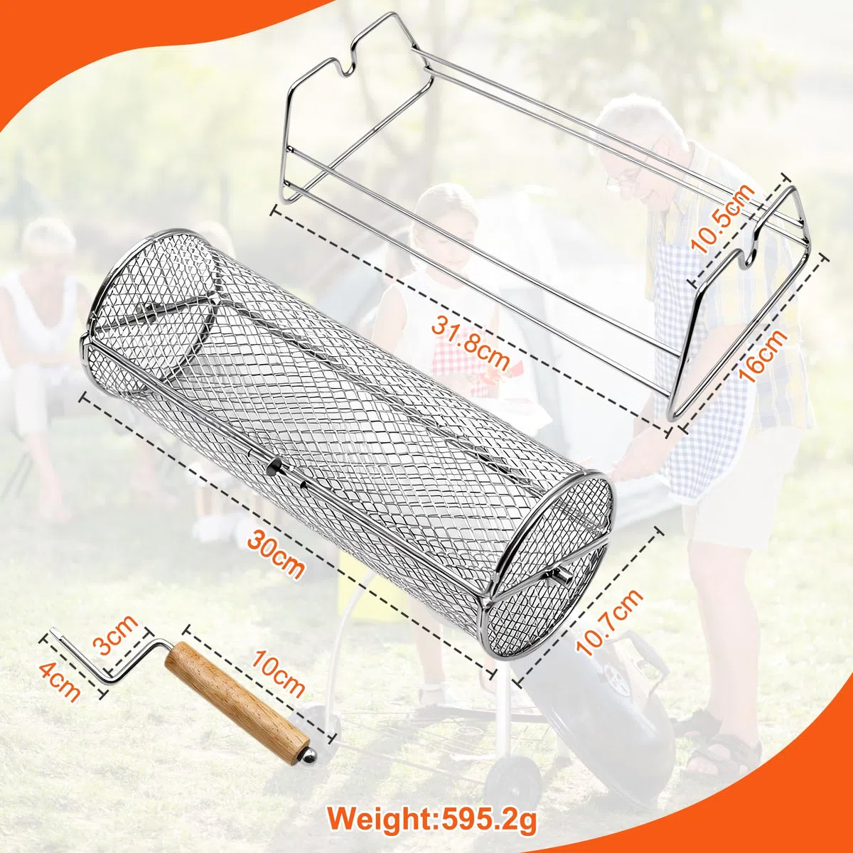 Cestino per Barbecue Girevole, Acciaio Inossidabile 304, Manico in Legno Rimovibile, Cestello per Griglia Impilabile, Accessori BBQ per Verdure,Frutti Mare,Campeggio, Regalo per Papà, Uomini