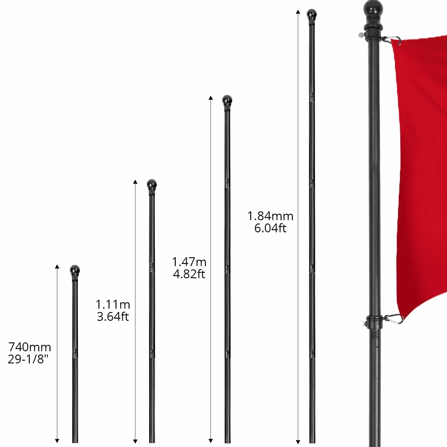 QWORK® Kit Portabandiera da Esterno - Bandiera in Metallo Opaco 180 cm con Staffa a Muro, Testa a Gomito e Anello di Rotazione - Sospensione 45°/90° - Lunghezza Regolabile
