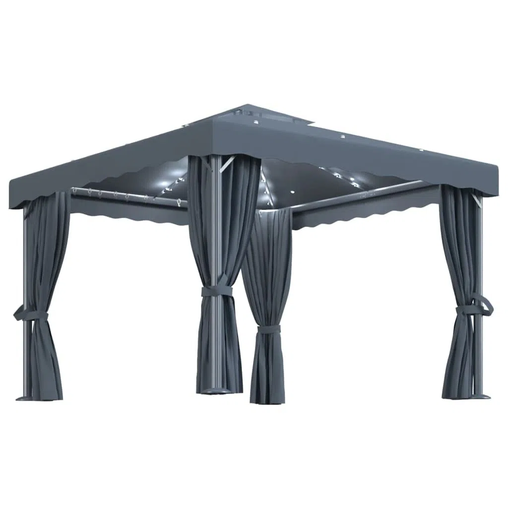 Gazebo 3x3 m Antracite Con Tende E Luci Led Solari | Alluminio e acciaio, poliestere con rivestimento PA, tetto doppio, zanzariere incluse