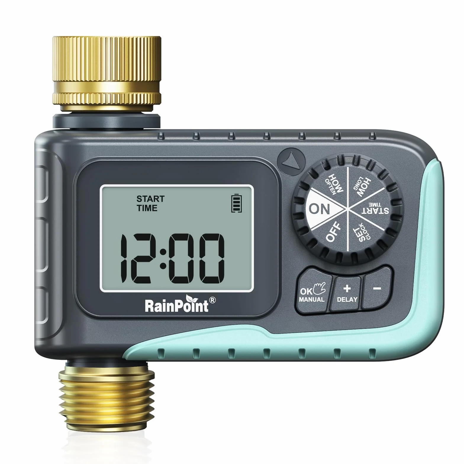 RAINPOINT Timer irrigatore con ingresso e uscita in ottone, timer programmabile per tubo da giardino, timer per irrigazione con ritardo della pioggia/sistema di irrigazione manuale, irrigazione