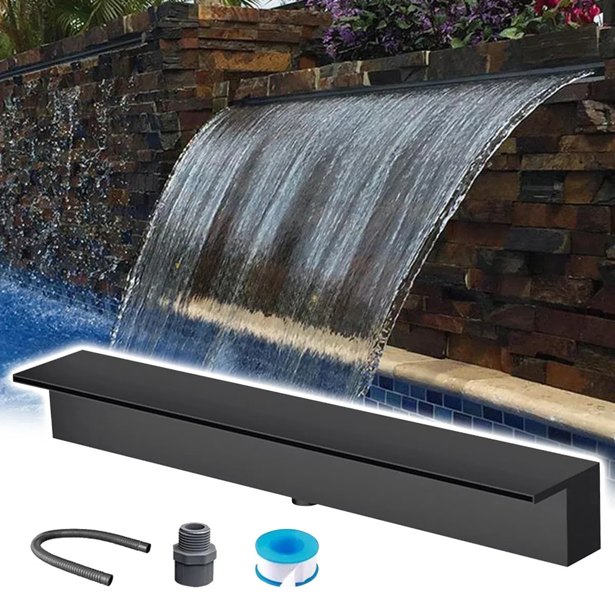 Kit di Cascata con Tubo corrugato per Esterni, Cascata Personalizzabile in Acciaio Inossidabile per Piscina da Giardino, Fontana a Parete da 22 Pollici con Accessori di Facile Installazione,