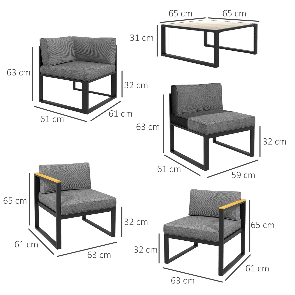 Outsunny Salotto da Giardino con Divano e Tavolino, Set 6 Pezzi in Alluminio con Cuscini Imbottiti, Tavolino con Piano Effetto Legno, Grigio