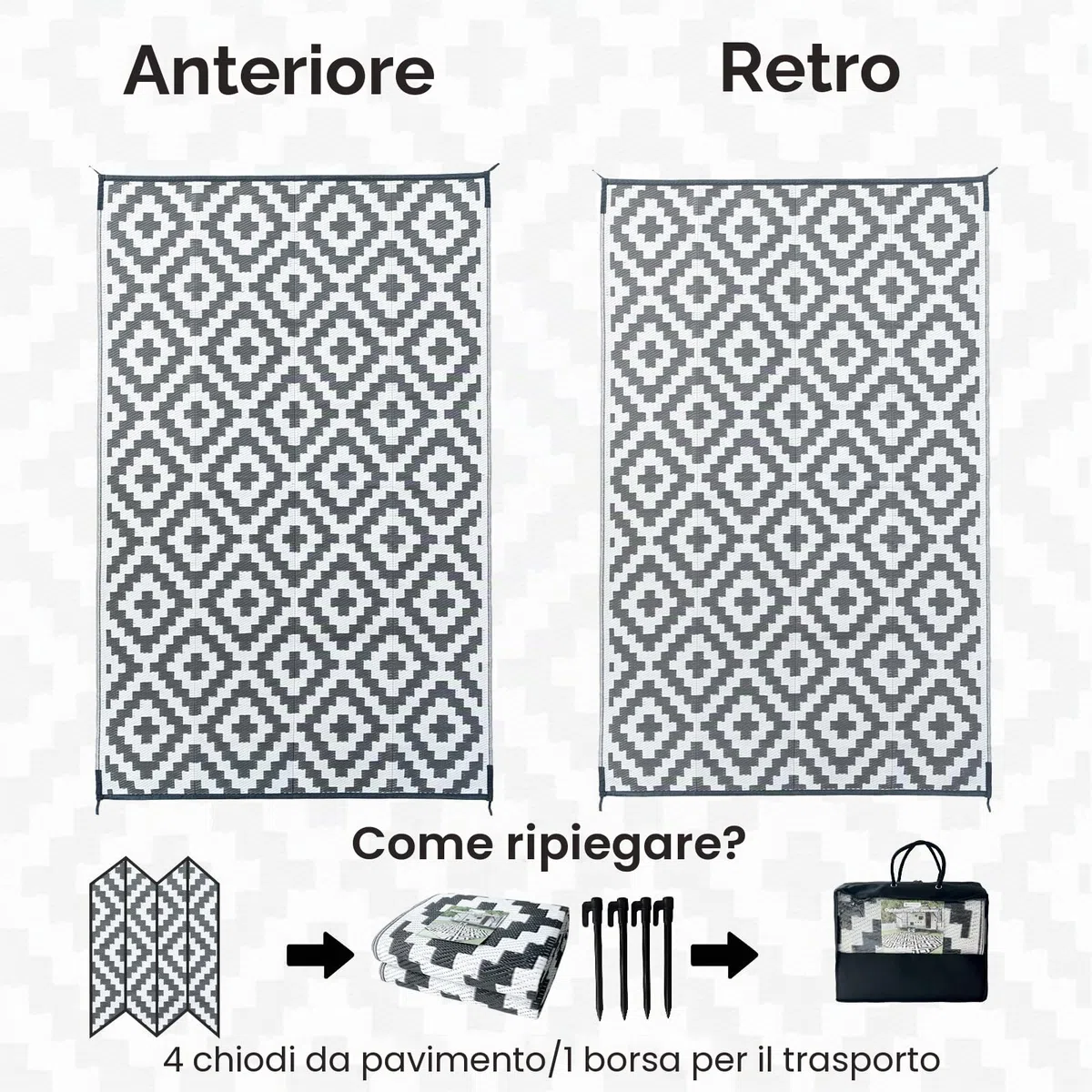 CHOSHOME Tappeto da Giardino Impermeabile 120x180CM Portatile Resistente ai Raggi UV in Plastica Riciclata per Interno ed Esterno - Balcone, Picnic, Spiaggia - Grigio
