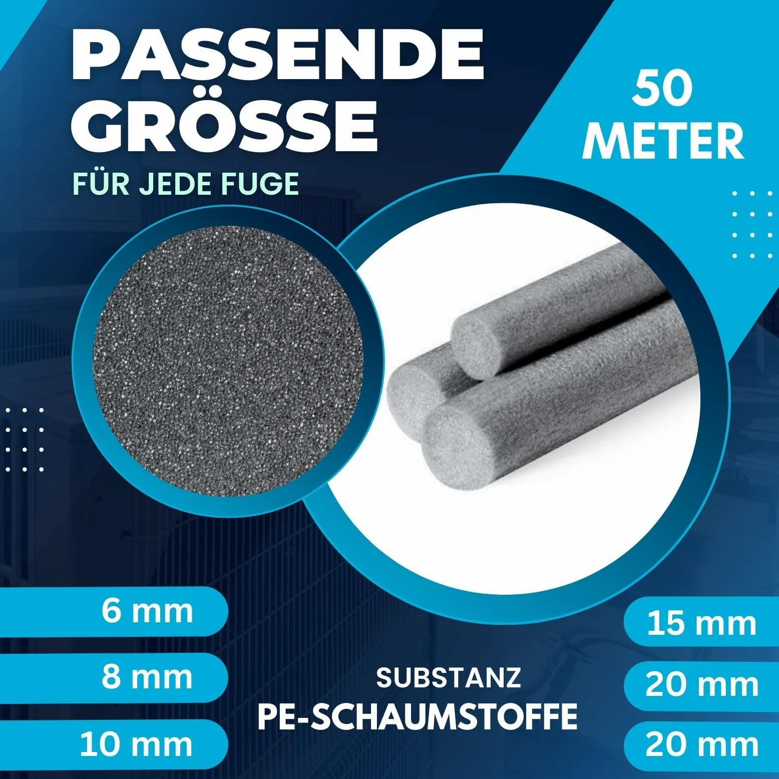 Filo di riempimento per fughe in polietilene, filo di tenuta per fughe, colore grigio (diametro 6 mm x 50 m)
