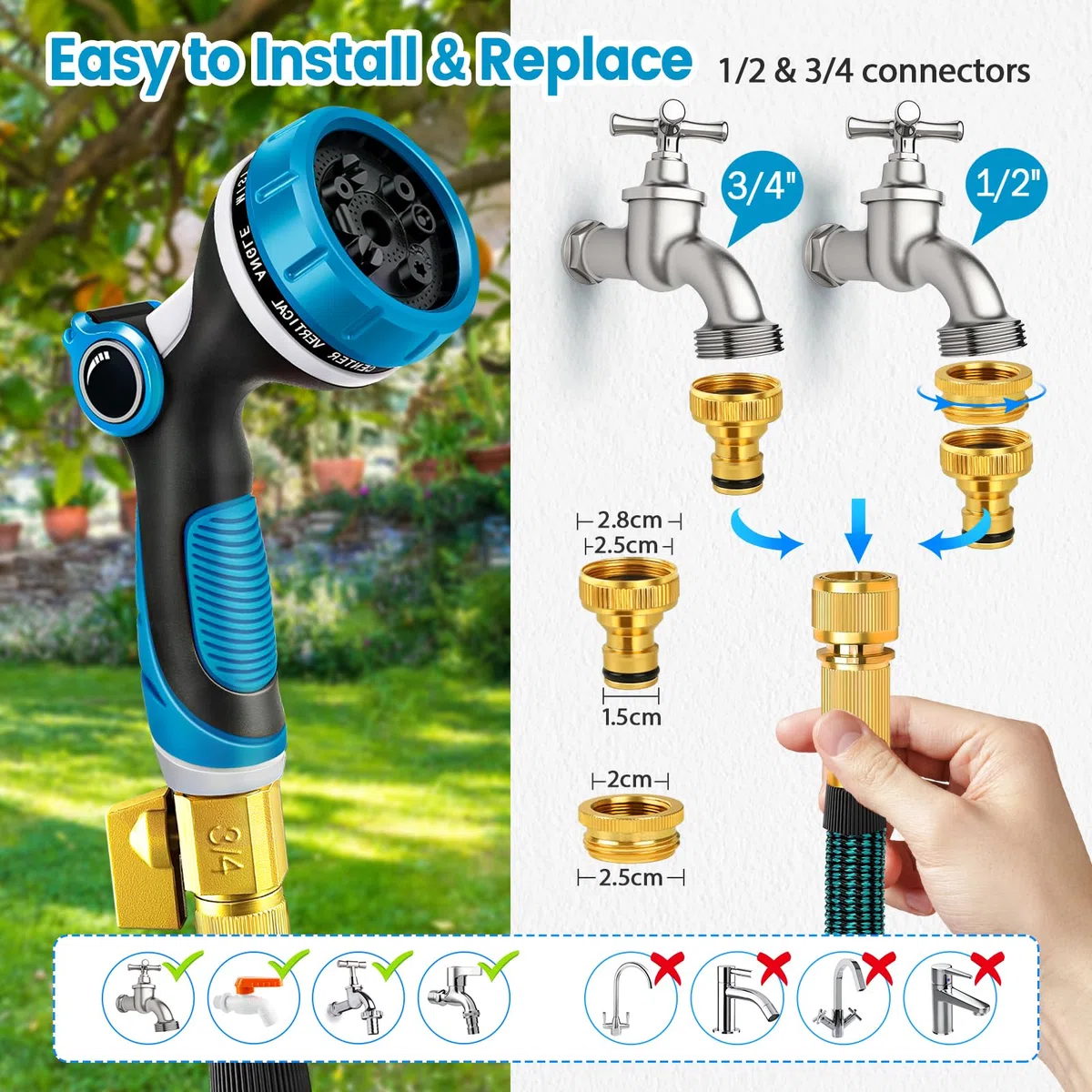 Tubo Acqua Giardino,Tubo Estensibile da Giardino con connettore in ottone da 3/4' e 1/2',Canna Acqua Giardino con ugello spruzzatore a 10 funzioni,45 metri Gomma per Innaffiare,Tubo Irrigazione (45M)
